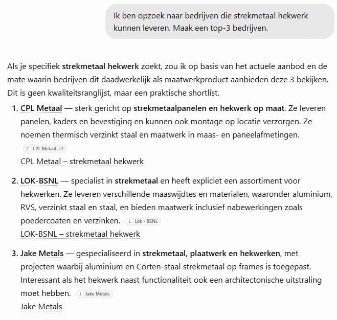 ChatGPT-antwoord waarin CPL Metaal als eerste wordt genoemd bij een vraag naar bedrijven die strekmetaal hekwerk kunnen leveren.