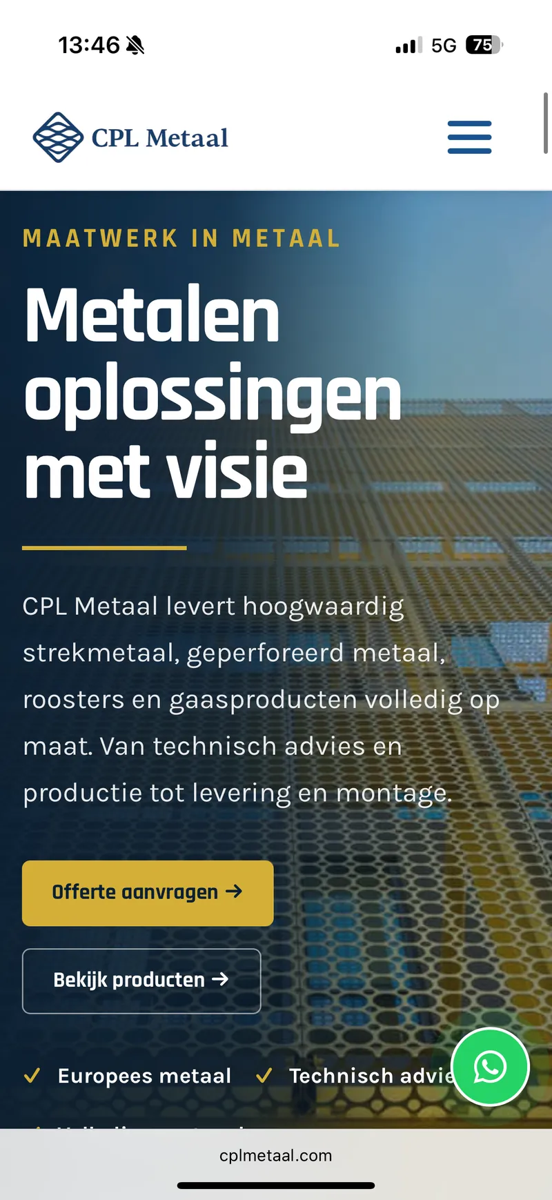 Mobiele homepage van CPL Metaal.
