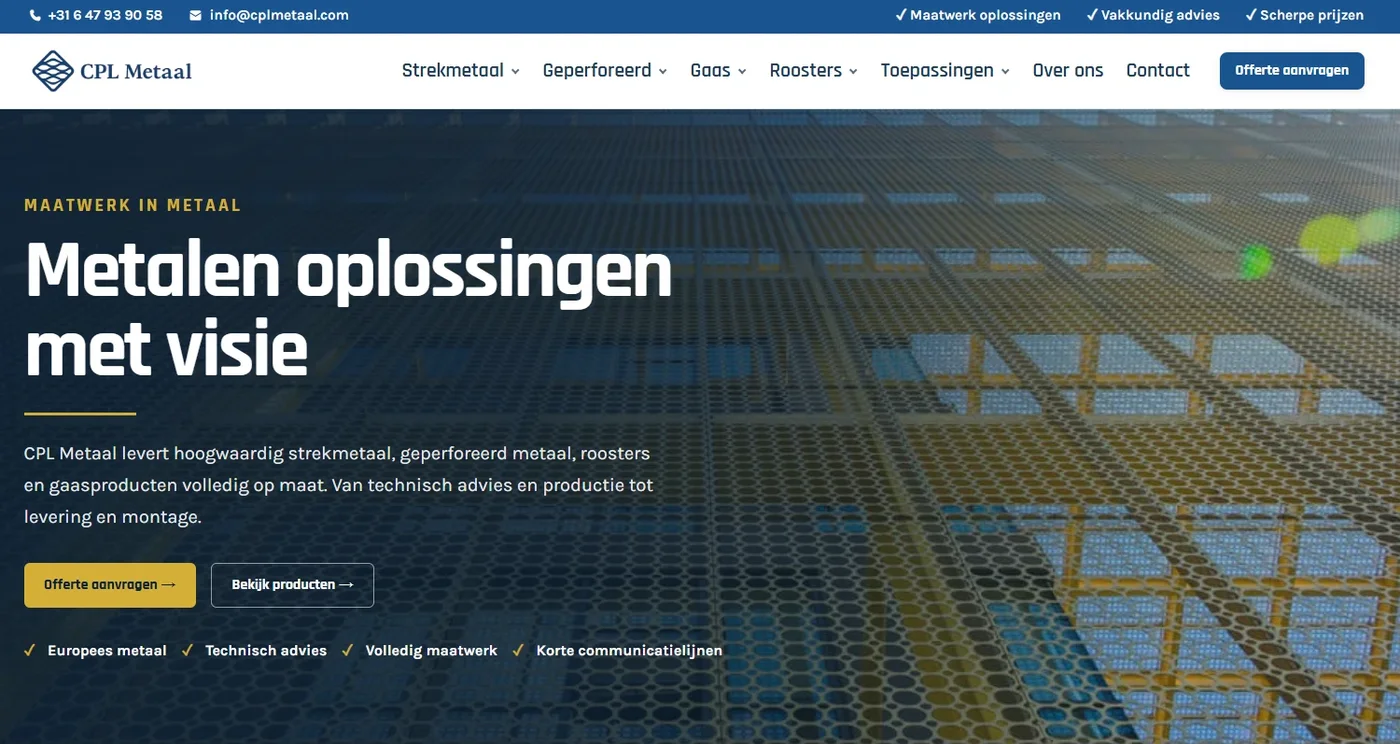 Homepage van de nieuwe website van CPL Metaal met de kop Metalen oplossingen met visie en een menu per productgroep.