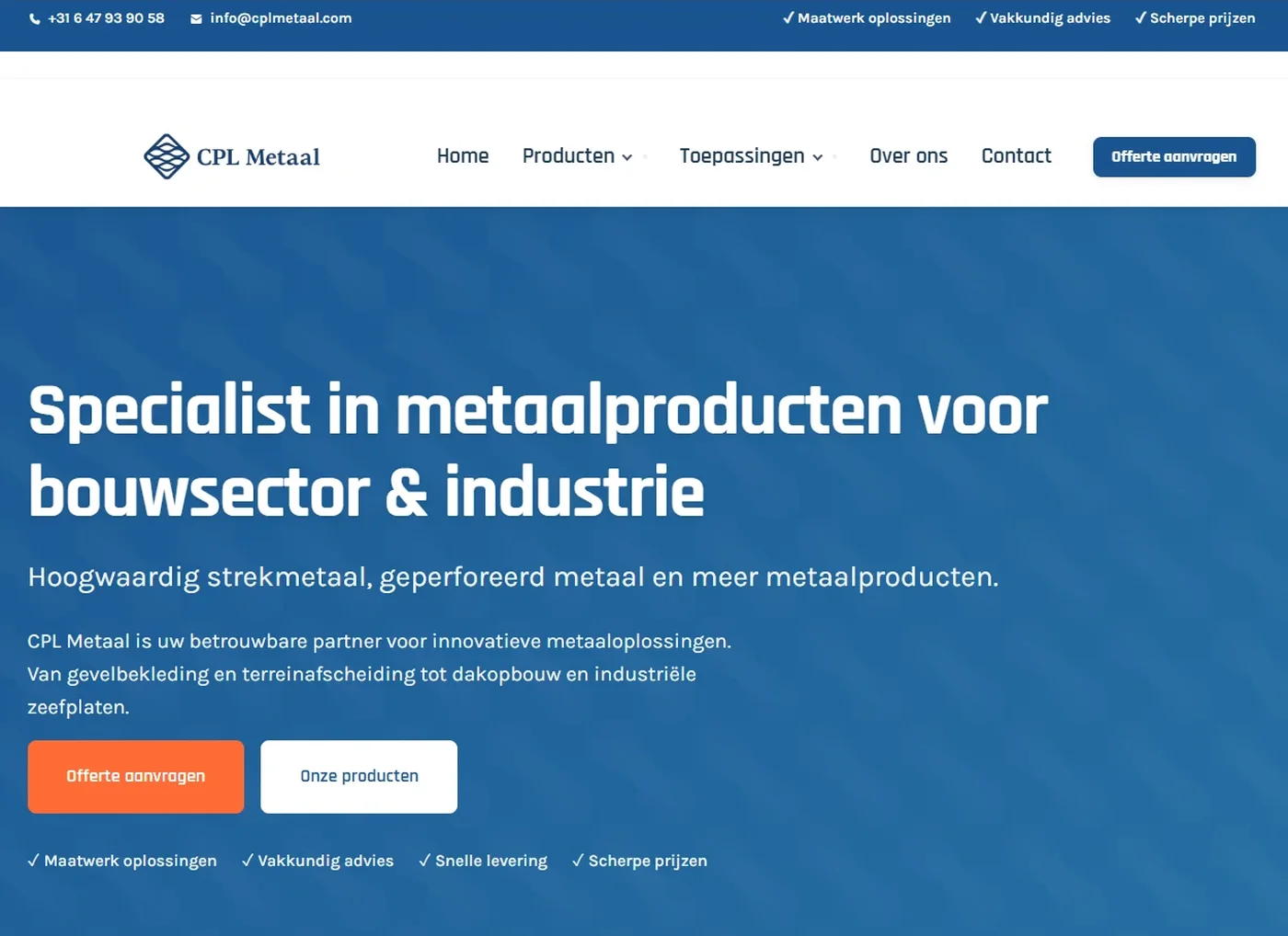 Homepage van de oude website van CPL Metaal met de kop Specialist in metaalproducten voor bouwsector en industrie.