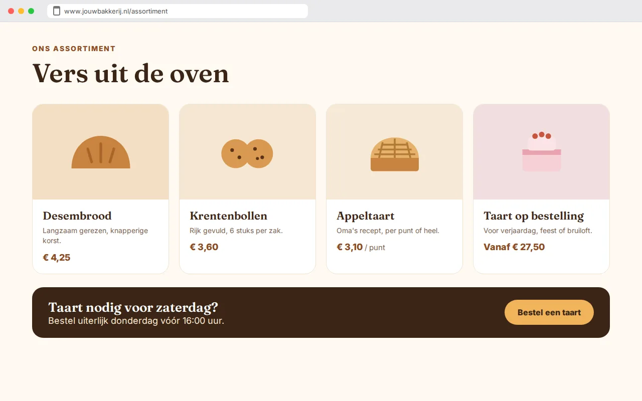 Het aanbod en de prijzen van de voorbeeldwebsite van Bakkerij Kruimel, warme bakker