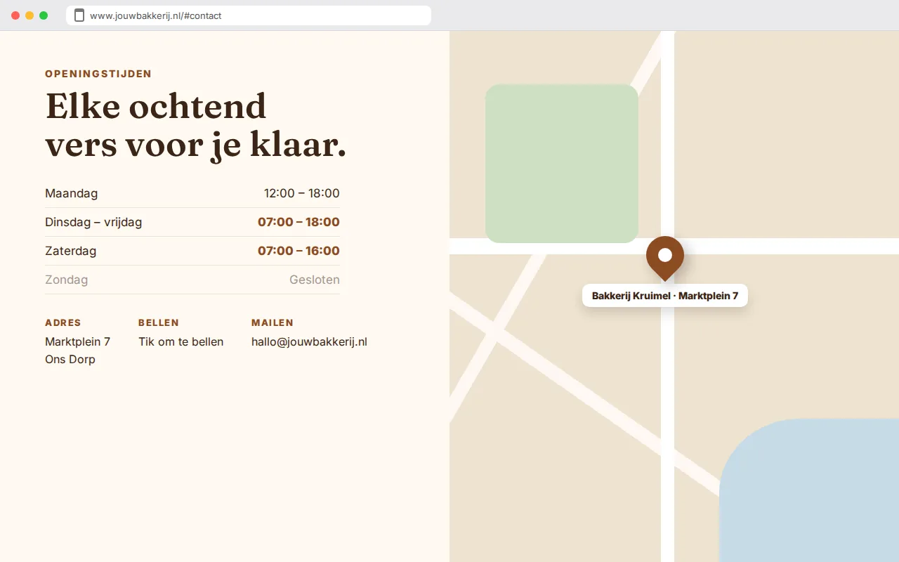Openingstijden en contact van de voorbeeldwebsite van Bakkerij Kruimel, warme bakker
