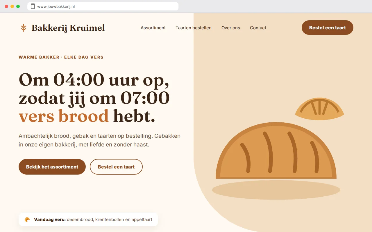 De eerste indruk van de voorbeeldwebsite van Bakkerij Kruimel, warme bakker