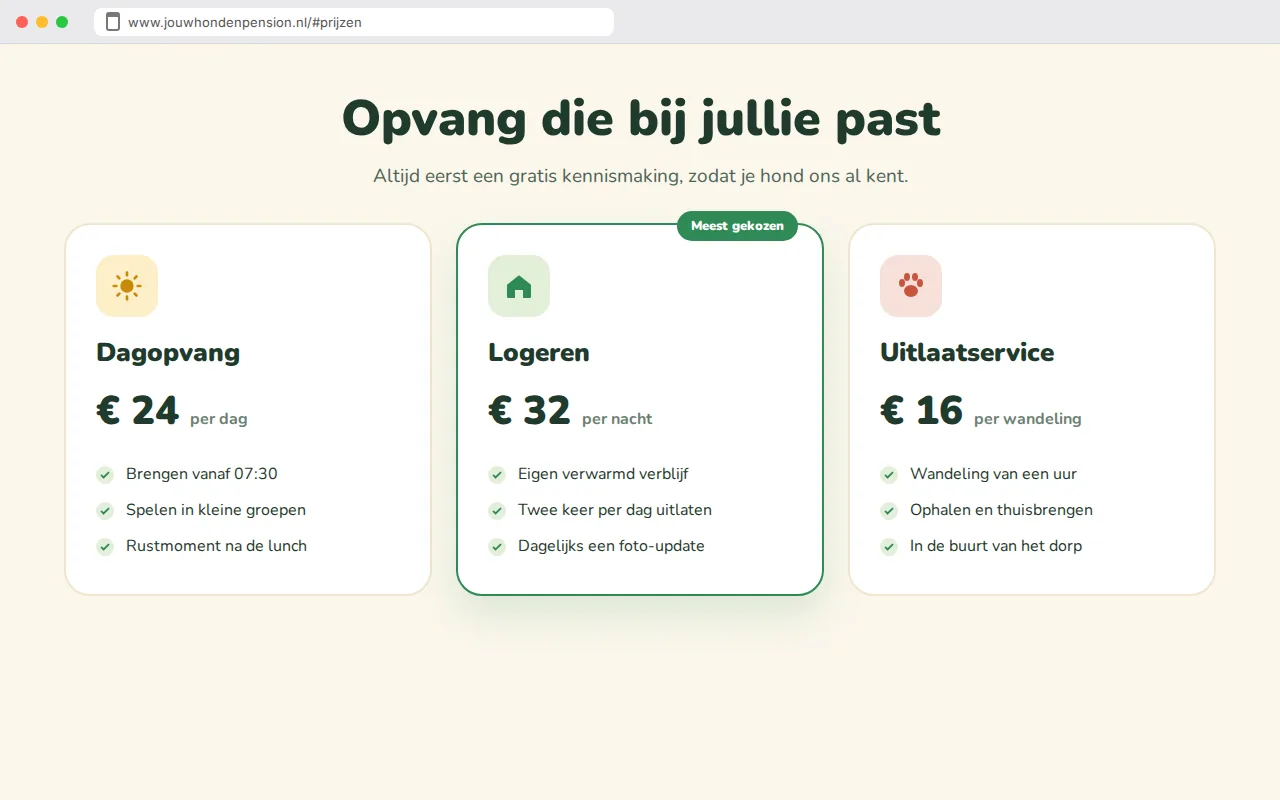 Het aanbod en de prijzen van de voorbeeldwebsite van De Kwispelhoeve, hondenpension