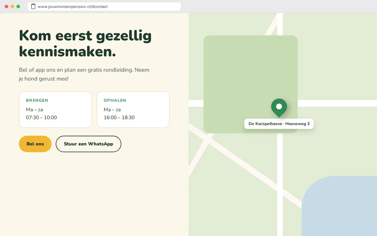 Openingstijden en contact van de voorbeeldwebsite van De Kwispelhoeve, hondenpension