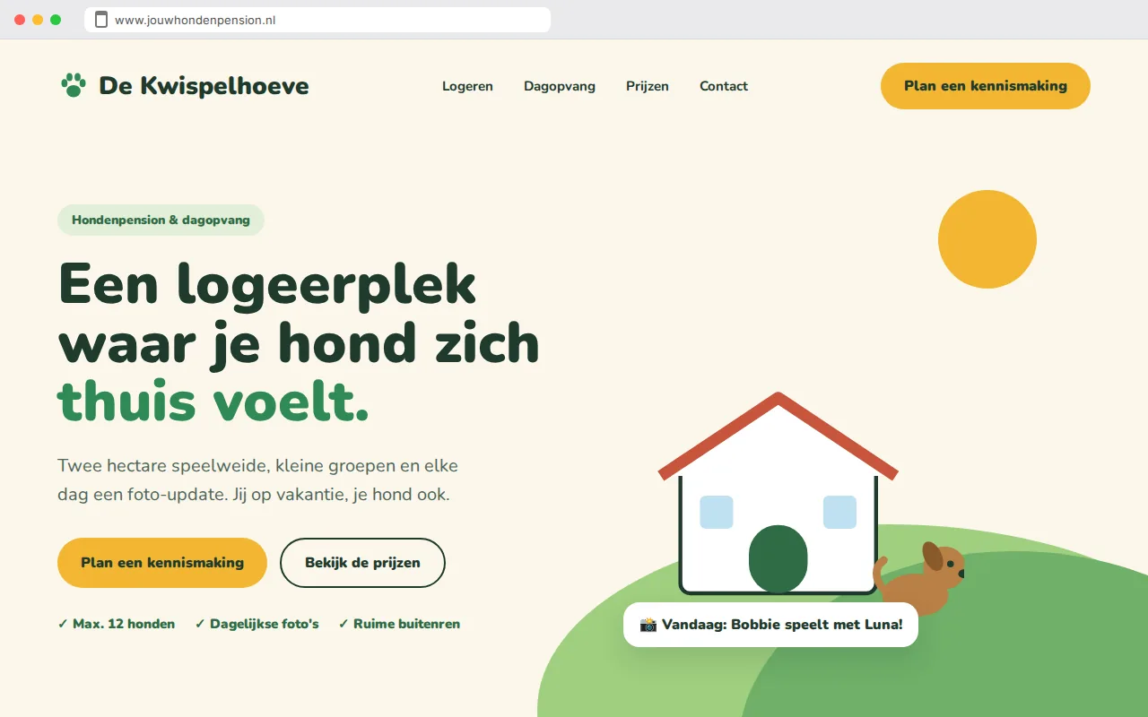 De eerste indruk van de voorbeeldwebsite van De Kwispelhoeve, hondenpension