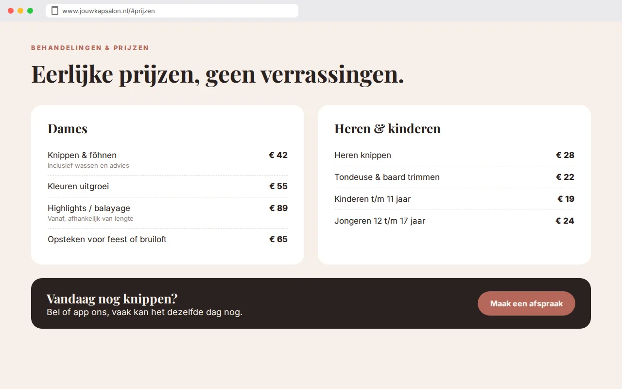 Het aanbod en de prijzen van de voorbeeldwebsite van Studio Noor, kapsalon