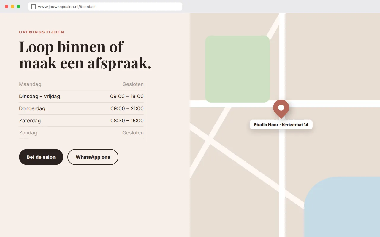 Openingstijden en contact van de voorbeeldwebsite van Studio Noor, kapsalon