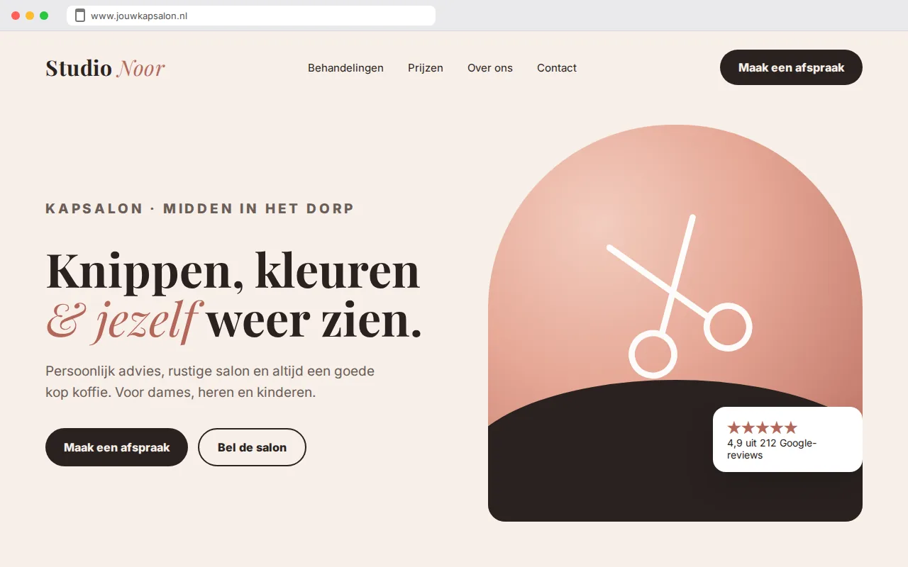 De eerste indruk van de voorbeeldwebsite van Studio Noor, kapsalon