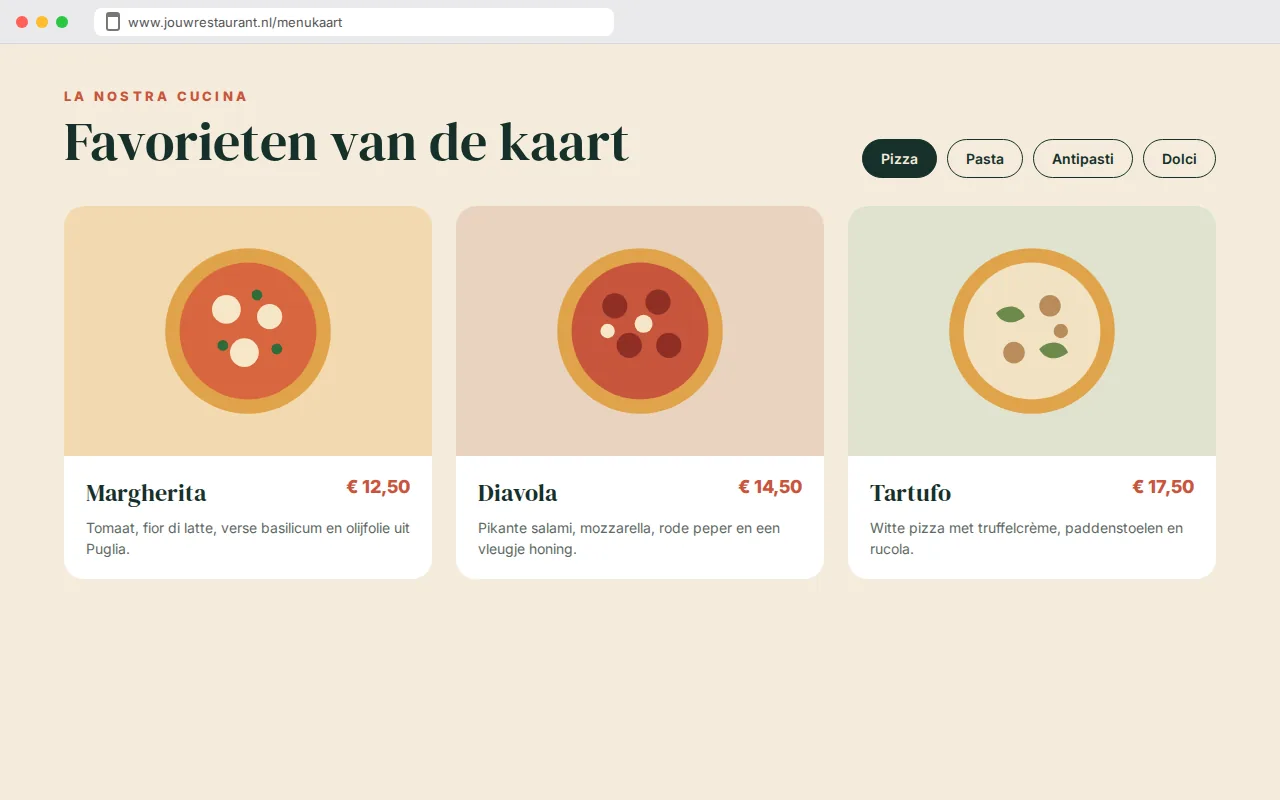 Het aanbod en de prijzen van de voorbeeldwebsite van Trattoria Da Marco, italiaans restaurant