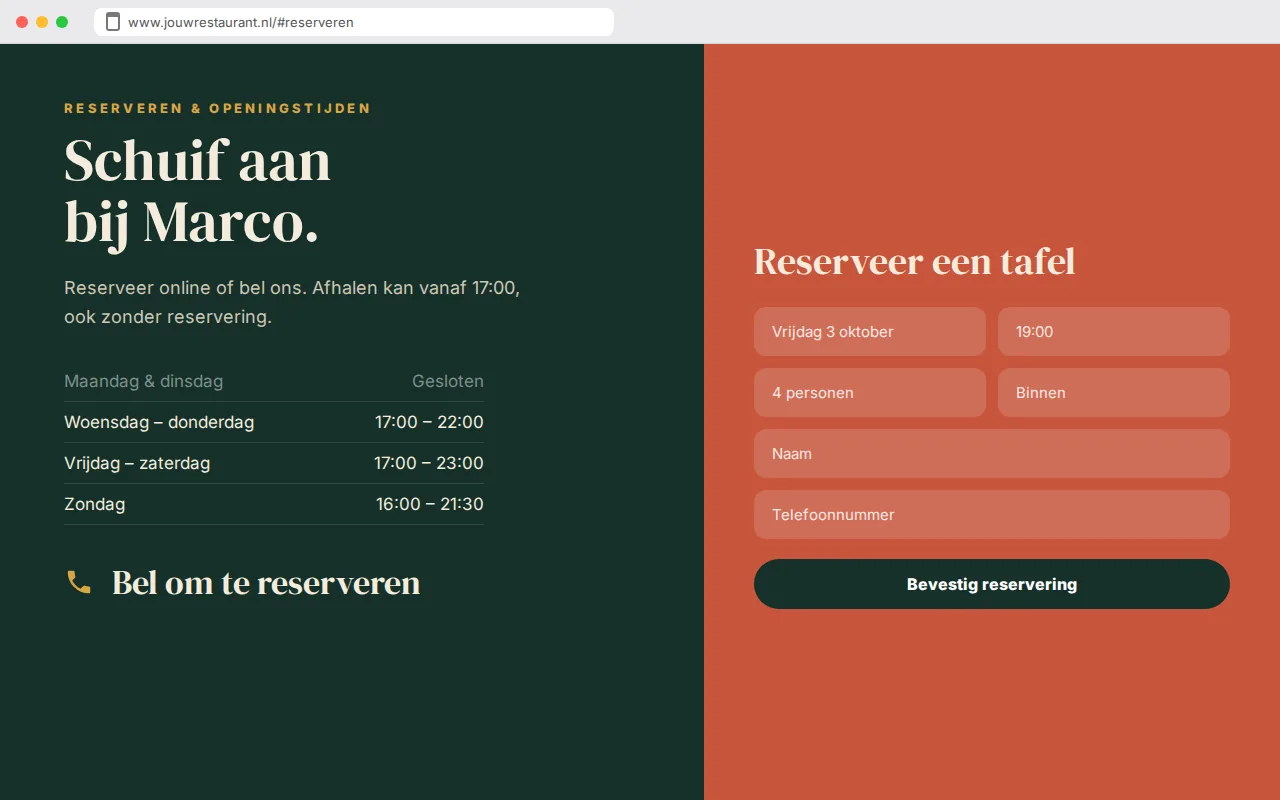 Openingstijden en contact van de voorbeeldwebsite van Trattoria Da Marco, italiaans restaurant