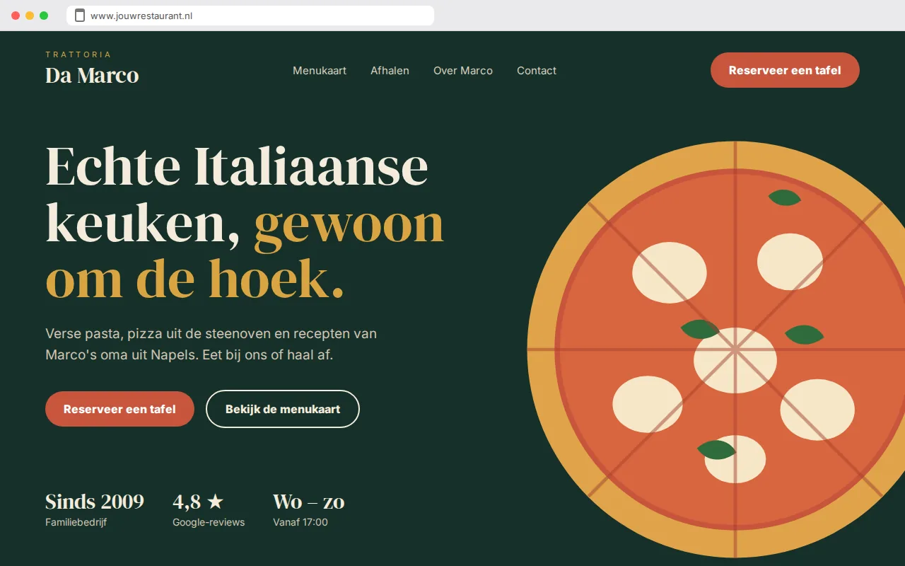 De eerste indruk van de voorbeeldwebsite van Trattoria Da Marco, italiaans restaurant